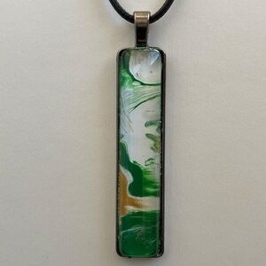 Handmade Fluid Art Glass Cabochon Pendant Cord Necklace Green Gold White